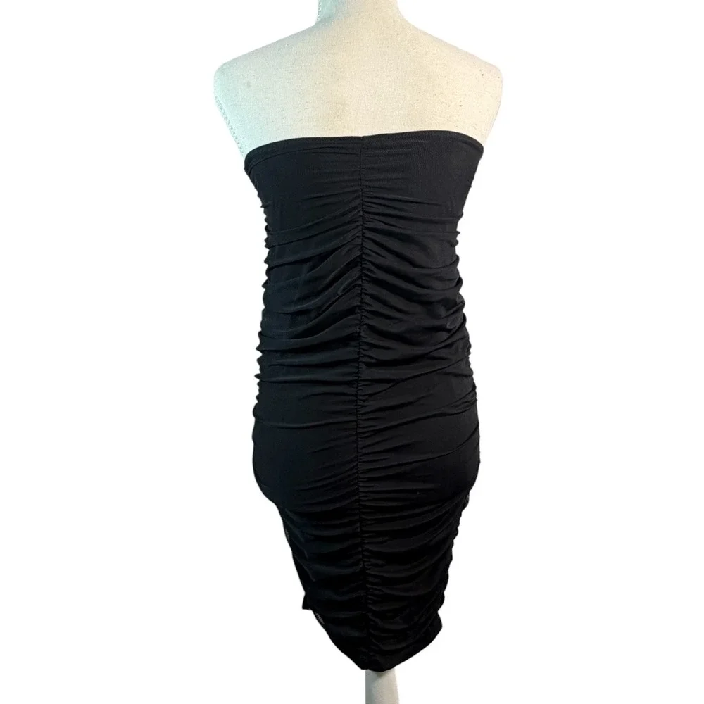 Day & Night Strapless Dress‎ Womens Small Black Ruched Bodycon Mini Mesh